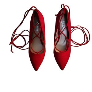 Sexy BRASH Red Heels Leg Laces Pointed Toe 4 Inch Heels Sz 8W